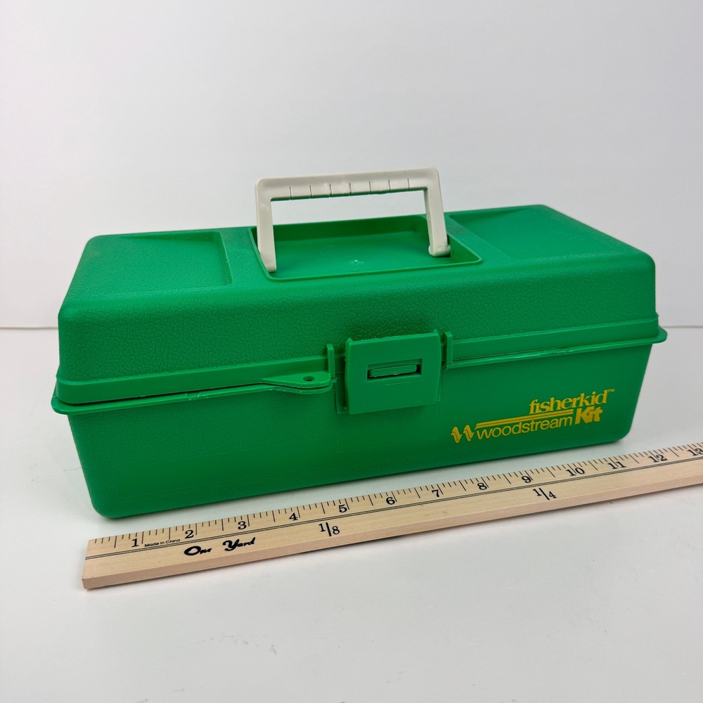Vtg Green Fisherkid Woodstream Kit Fishing Lure Box Tray Durable Plastic Handle
